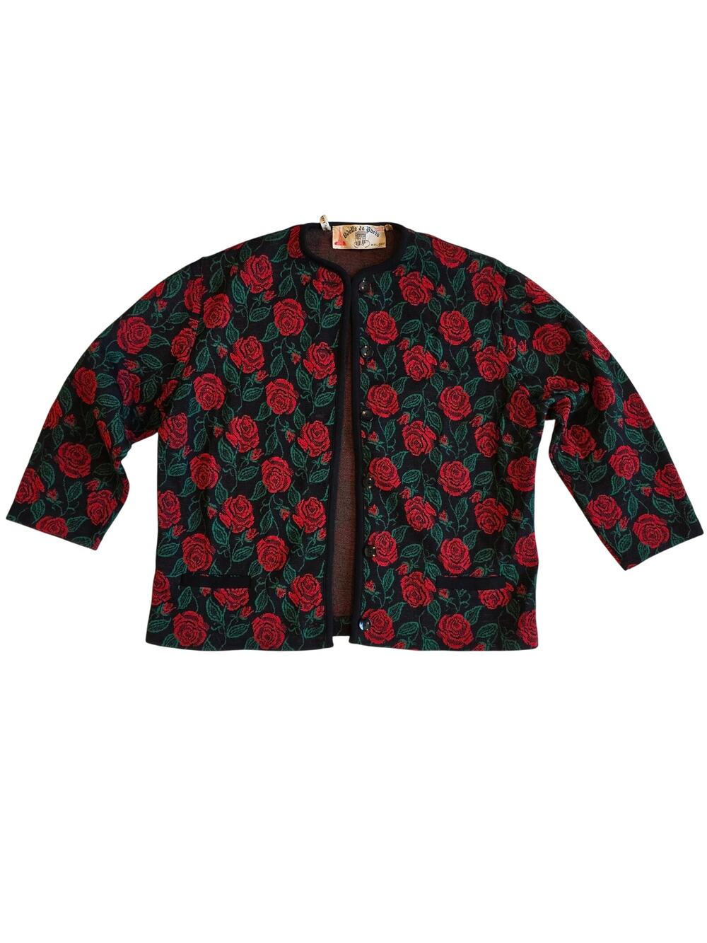 Vintage Odette de Paris Rose‎ Print Pure Wool Knit Cardigan Jacket 17/18